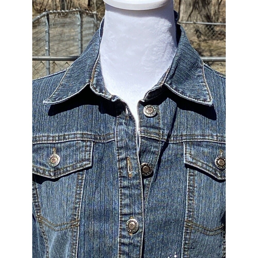 Y2K Vintage Arizona Women Sz Large Denim Jean Jeweled Jacket Snaps Preppy - Picture 2 of 16